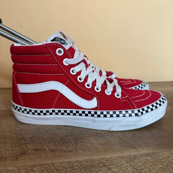 Vans Sk8-Hi Red Canvas High Top Sneakers Checkerboard Trim Men’s 5 / Women’s 6.5 - Picture 3 of 8